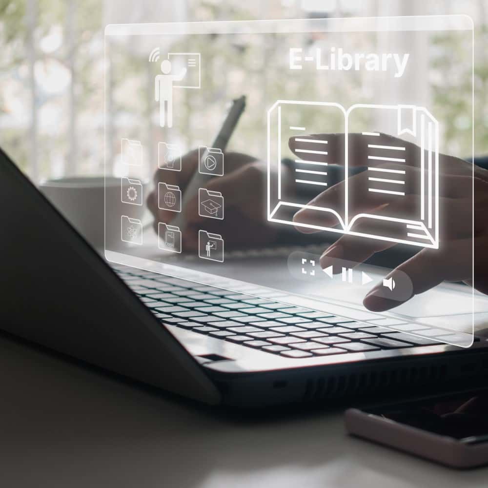 Digital publishing formats (ePub3, XML, and accessibility tooling) layered over a laptop